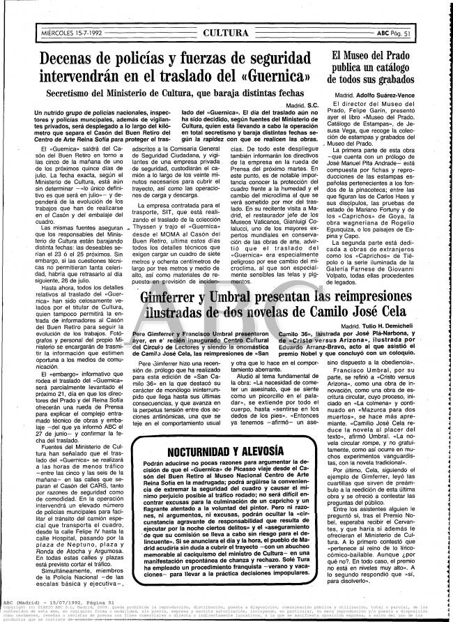 Scores of police officers and security forces will intervene in the transfer of «Guernica»