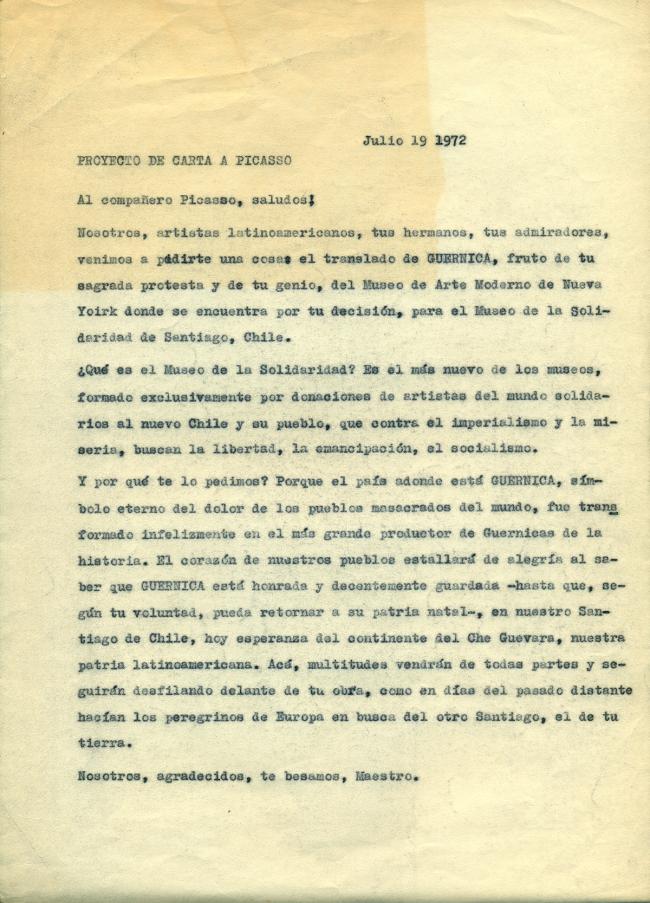 Carta de Mário Pedrosa a Pablo Picasso