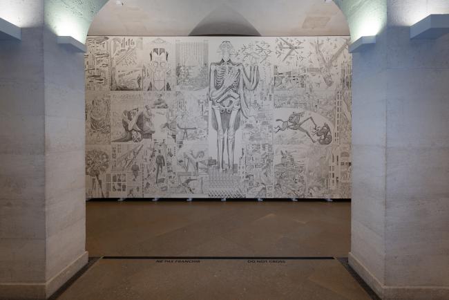 Sergio García Sánchez, <em>War</em>, 2020. Chinese ink on paper fixed on wooden support. Photo by Musée National Picasso-Paris 