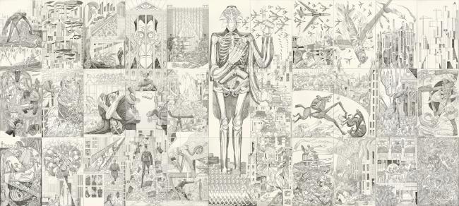 Sergio García Sánchez, <em>War</em>, 2020. Chinese ink on paper fixed on wooden support. Photo by Sergio García Sánchez