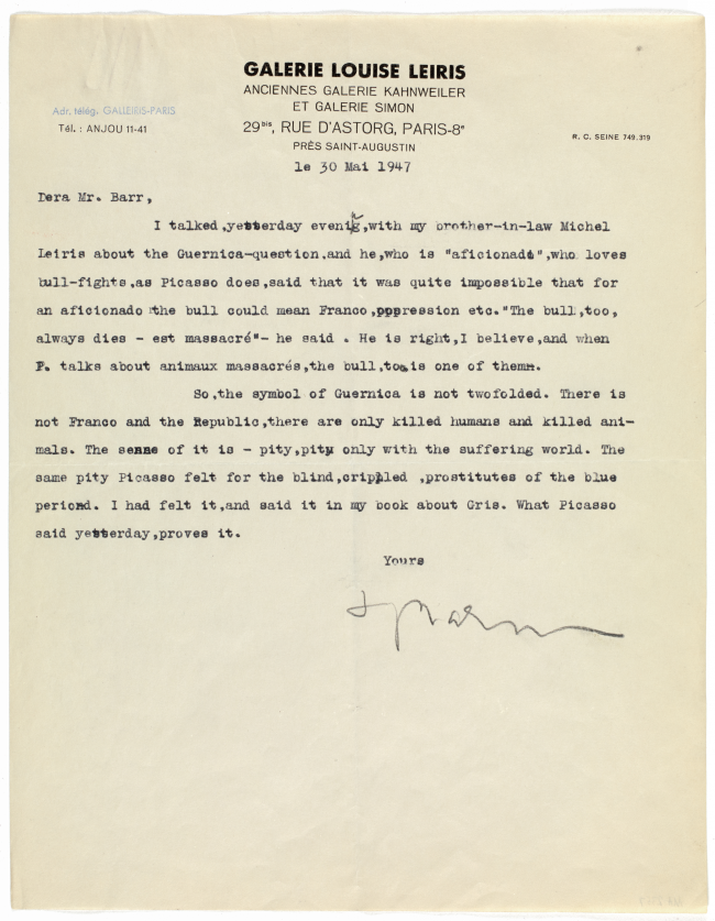 Carta de Daniel H. Kahnweiler a Alfred H. Barr, París, 30 de mayo de 1947