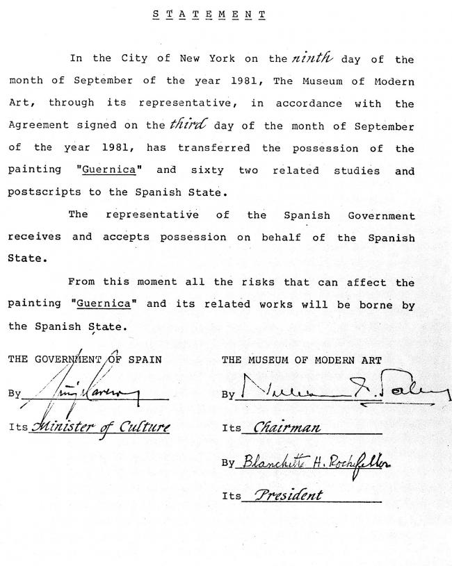 An official document of the handing-over of <em>Guernica</em> to the Spanish Government by MoMA