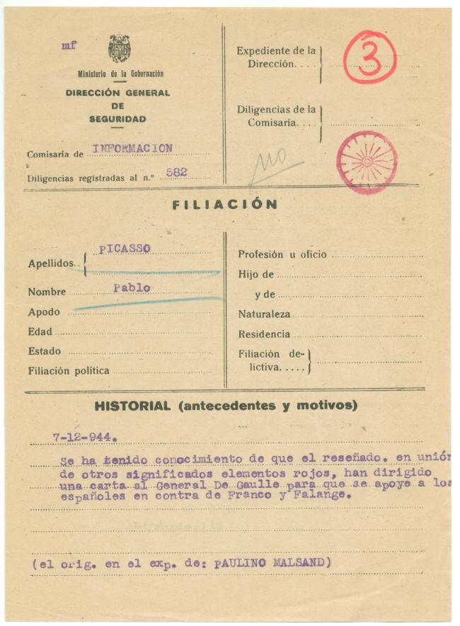 Ficha policial de Pablo Picasso, 1944-1951