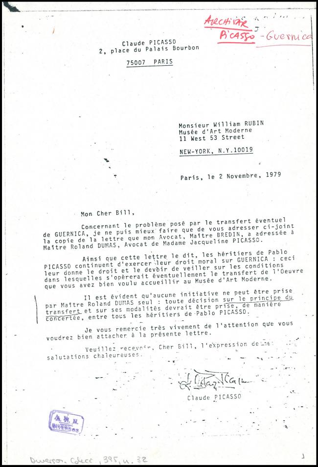 Copia de la carta de Claude Picasso a William Rubin, París, 2 de noviembre de 1979