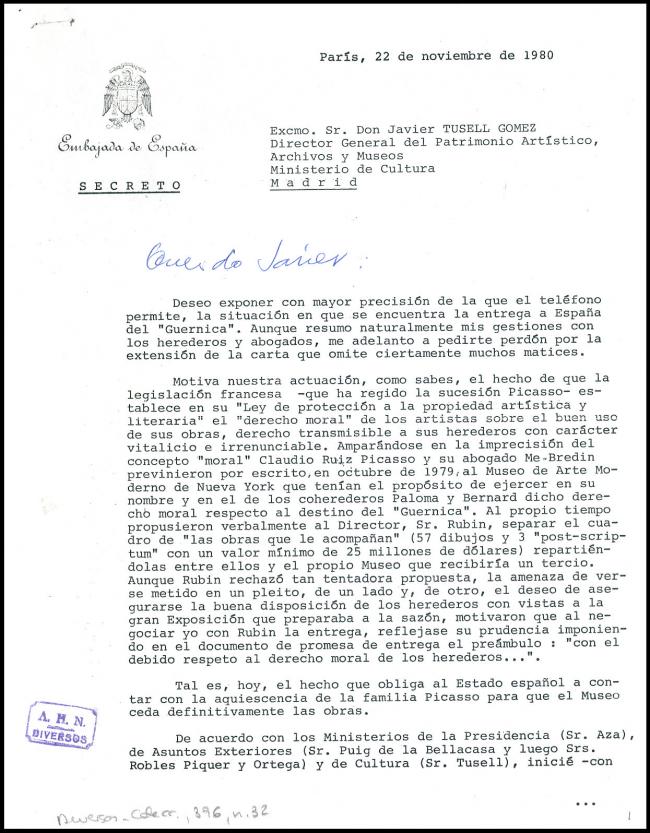 Despacho secreto de Rafael Fernández Quintanilla a Javier Tusell, París, 22 de noviembre de 1980