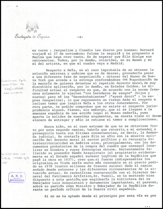 Despacho secreto de Rafael Fernández Quintanilla a Javier Tusell, París, 22 de noviembre de 1980