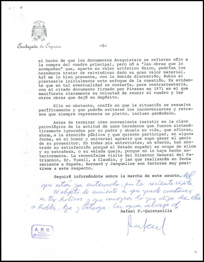 Despacho secreto de Rafael Fernández Quintanilla a Javier Tusell, París, 22 de noviembre de 1980