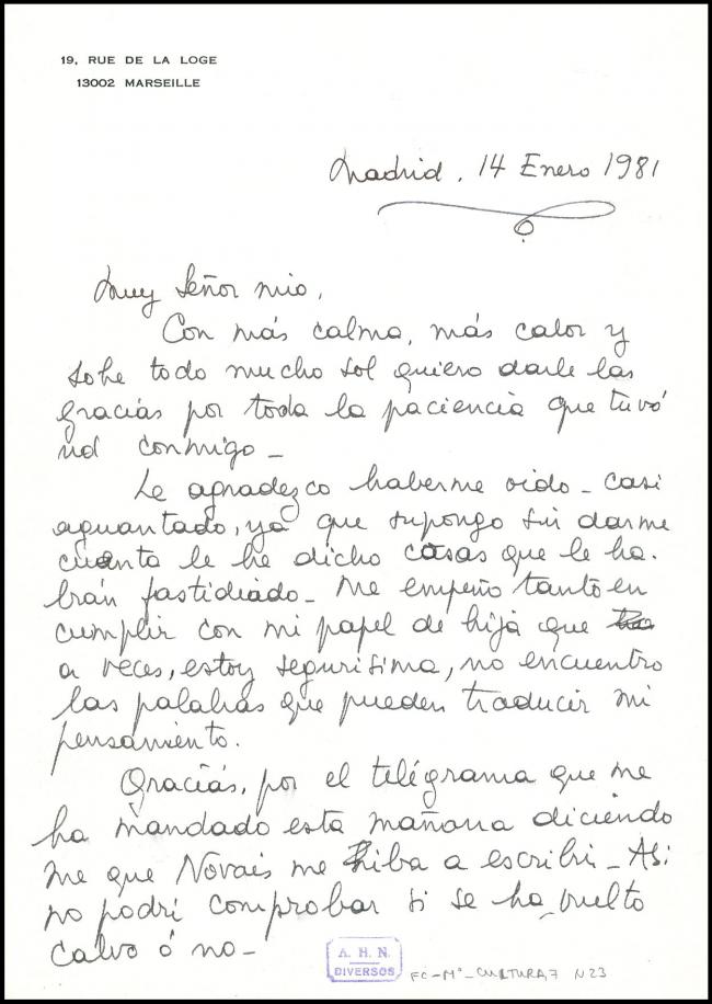 Carta de Maya Picasso a Javier Tusell, Madrid, 14 de enero de 1981