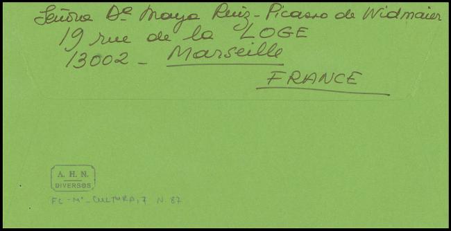 Carta de Maya Picasso a Javier Tusell, Marsella, 28 de junio de 1981