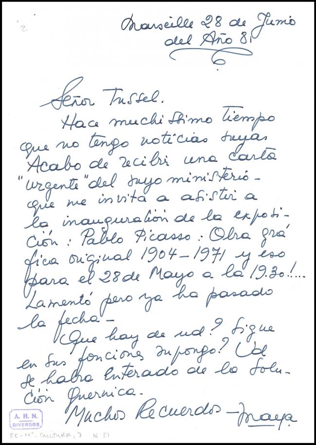Carta de Maya Picasso a Javier Tusell, Marsella, 28 de junio de 1981