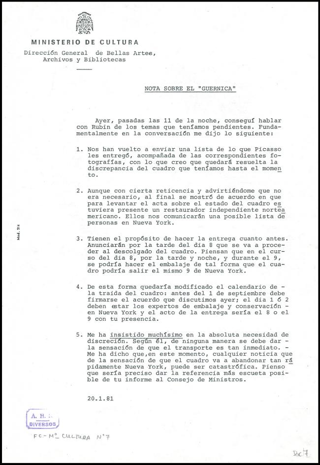 A photocopied note on <em>Guernica</em>, written by the director-general of Fine Arts, Javier Tusell, and dated incorrectly as 20 January 1981 when, according to its content, the date is more likely to be 20 August  