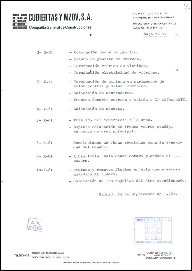 Plan de obra de la protección y exposición del <em>Guernica</em> con sus bocetos en el Casón del Buen Retiro, elaborado por la empresa "Cubiertas y Mzov, S.A. Compañía General de Construcciones", Madrid, 24 de septiembre de 1981