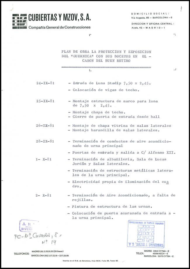 Plan de obra de la protección y exposición del <em>Guernica</em> con sus bocetos en el Casón del Buen Retiro, elaborado por la empresa "Cubiertas y Mzov, S.A. Compañía General de Construcciones", Madrid, 24 de septiembre de 1981