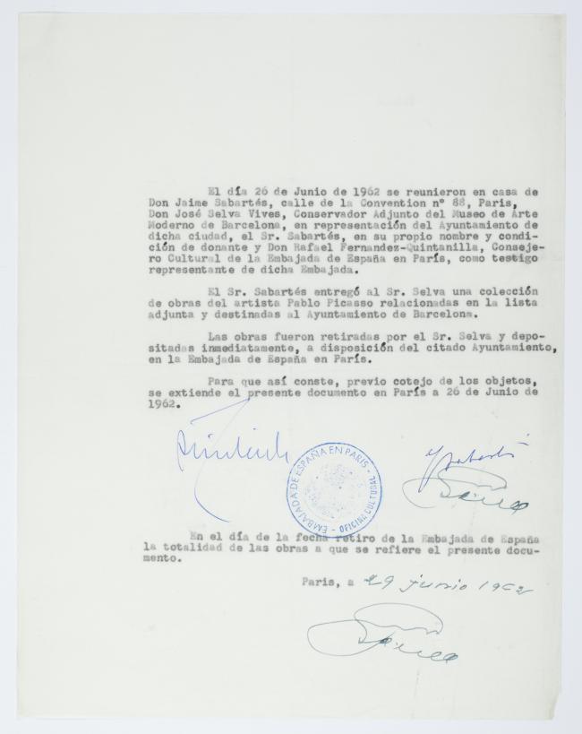 Documento firmado por Jaume Sabartés por el que entregaba las obras de su propiedad destinadas al futuro Museo Picasso, París, 29 de junio de 1962