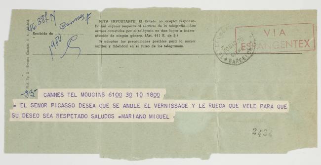 Telegrama de Mariano Miguel, secretario de Picasso, dirigido a Raimon Noguera pidiendo que se cancele el acto de inauguración de la ampliación del Museo Picasso, Mougins, 10 de diciembre de 1970