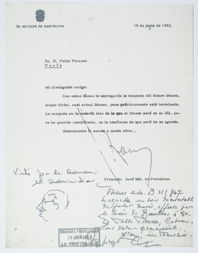 José María de Porcioles' letter to Pablo Picasso, Barcelona, 18 June 1962