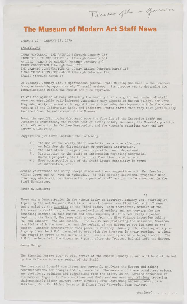 Boletín informativo interno del MoMA del 12-18 de enero de 1970