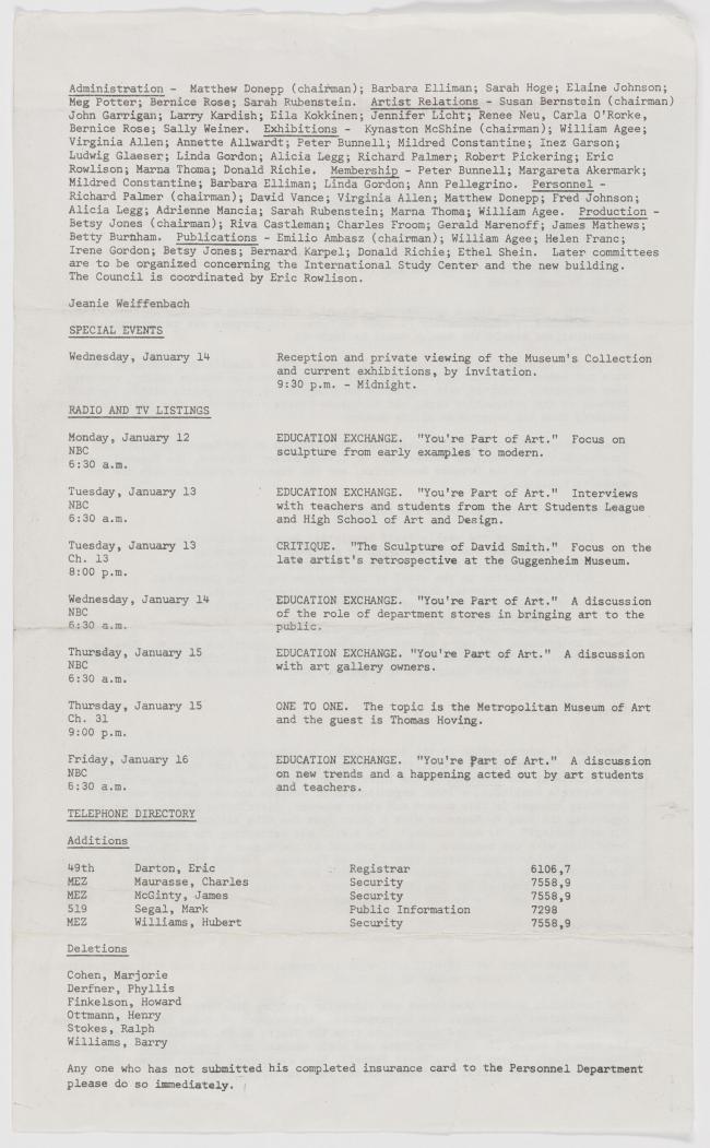 Boletín informativo interno del MoMA del 12-18 de enero de 1970
