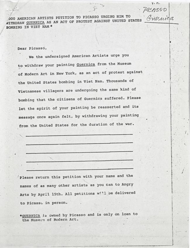 Carta de Angry Artists a Pablo Picasso