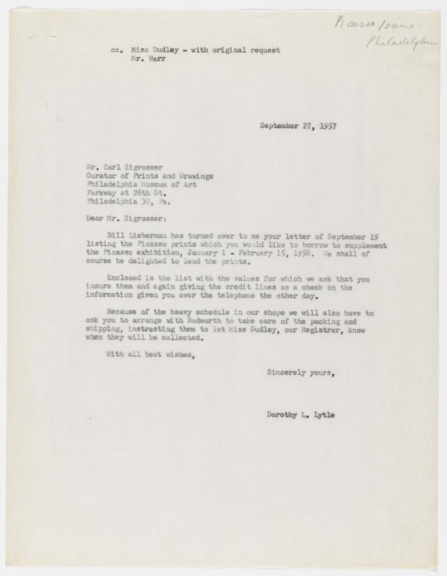 Carta de Dorothy L. Lytle a Carl Zigrosser del 27 de septiembre de 1957