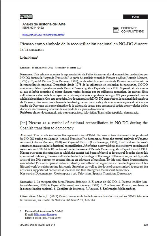Lidia Merás, Picasso como símbolo de la reconciliación nacional en NO-DO durante la Transición, 2023. © Creative Commons Reconocimiento 4.0 (CC BY 4.0), 2023 