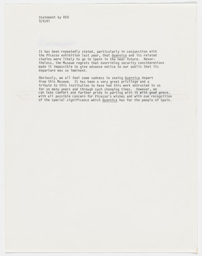 Richard Oldenburg, Declaración sobre la salida del Guernica hacia España, 1981