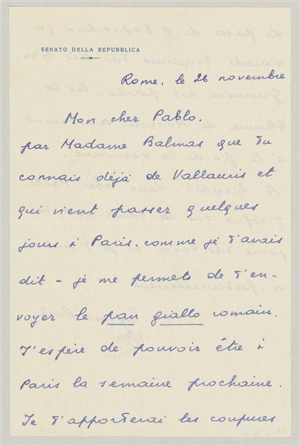 Carta de Eugenio Reale a Pablo Picasso del 26 de noviembre de 1956