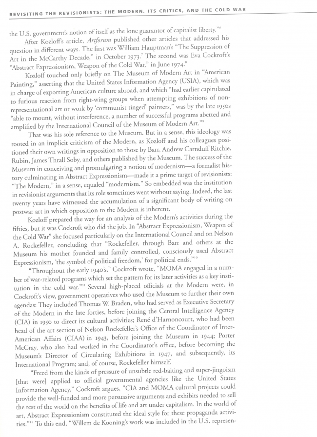 Michael Kimmelman, “Revisiting the Revisionists: the Modern, its Critics, and the Cold War” [Revisitando a los revisionistas: lo moderno, sus críticos y la Guerra Fría], en <em>The Museum of Modern Art at Mid Century, At Home and Abroad; Studies in Modern Art 4</em>, Nueva York, MoMA, 1994, p. 40