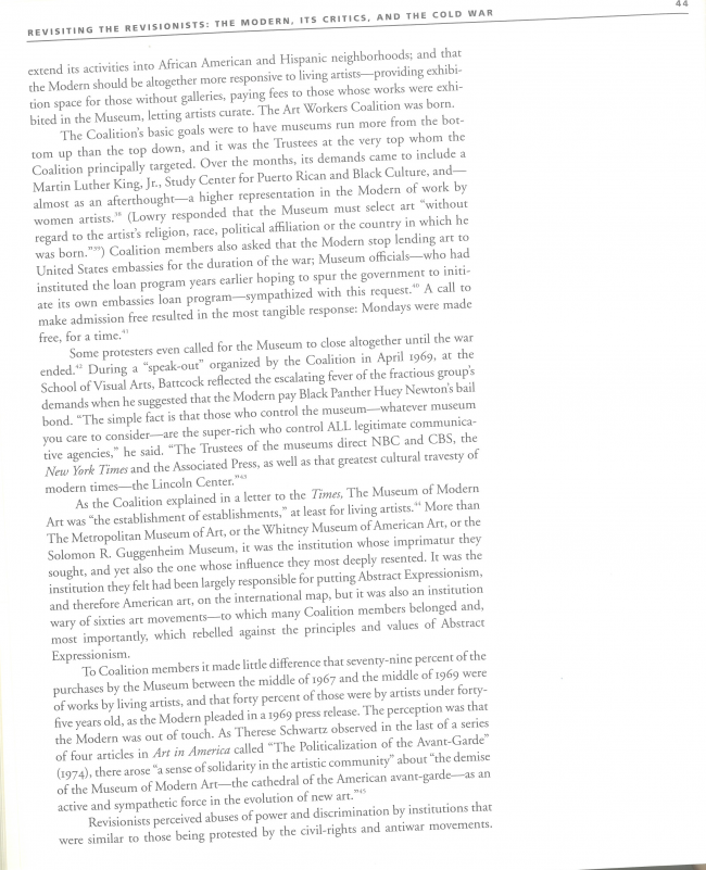 Michael Kimmelman, “Revisiting the Revisionists: the Modern, its Critics, and the Cold War” [Revisitando a los revisionistas: lo moderno, sus críticos y la Guerra Fría], en <em>The Museum of Modern Art at Mid Century, At Home and Abroad; Studies in Modern Art 4</em>, Nueva York, MoMA, 1994, p. 44