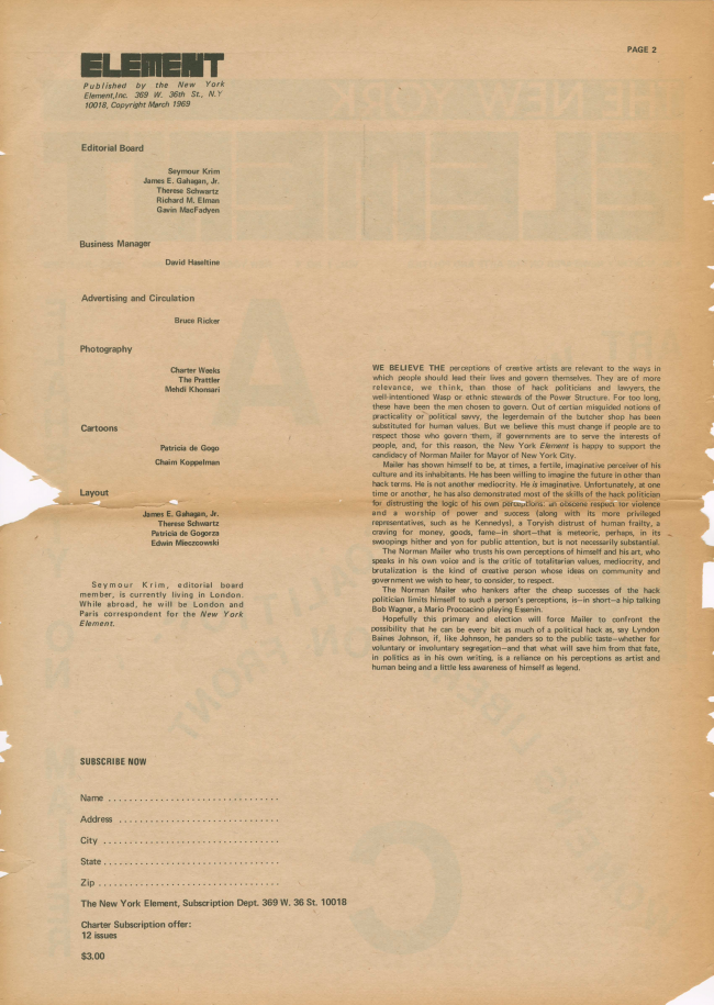 <em>The New York Element</em>, Nueva York, vol. 1, n.º 4, junio-julio, 1969, p. 2