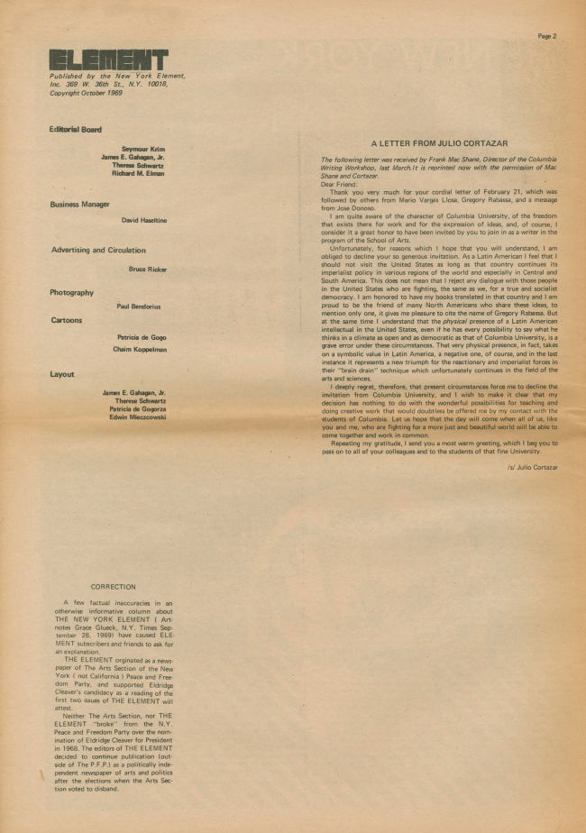 <em>The New York Element</em>, Nueva York, vol. 1, n.º 5, noviembre-diciembre, 1969, p. 2