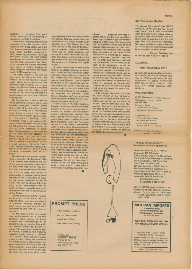 <em>The New York Element</em>, Nueva York, vol. 1, n.º 5, noviembre-diciembre, 1969, p. 17