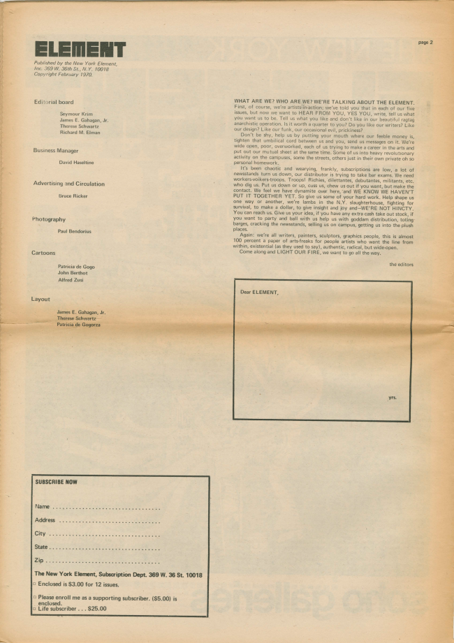 <em>The New York Element</em>, Nueva York, vol. 1, n.º 6, febrero-marzo, 1970, p. 2