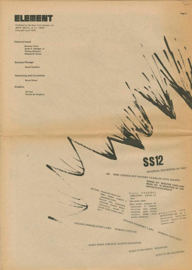 <em>The New York Element</em>, Nueva York, vol. 2, n.º 1, abril-mayo, 1970, p. 2