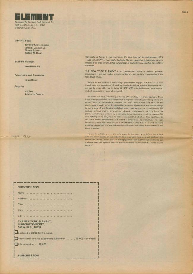 <em>The New York Element</em>, Nueva York, vol. 2, n.º 2, junio-julio, 1970, p. 2