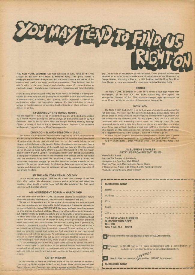 <em>The New York Element</em>, Nueva York, vol. 2, n.º 4, marzo-abril, 1971, p. 20