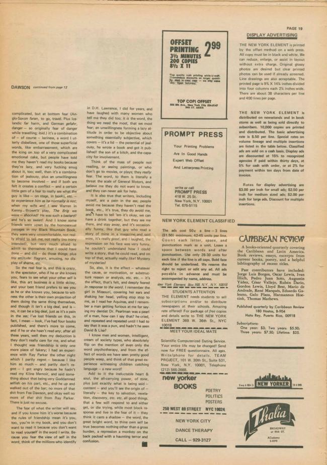 <em>The New York Element</em>, Nueva York, vol. 2, n.º 6, noviembre-diciembre, 1971, p. 19