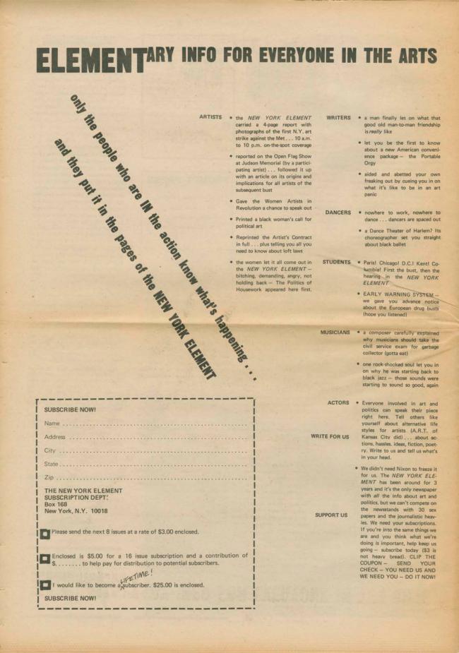 <em>The New York Element</em>, Nueva York, vol. 2, n.º 6, noviembre-diciembre, 1971, p. 20