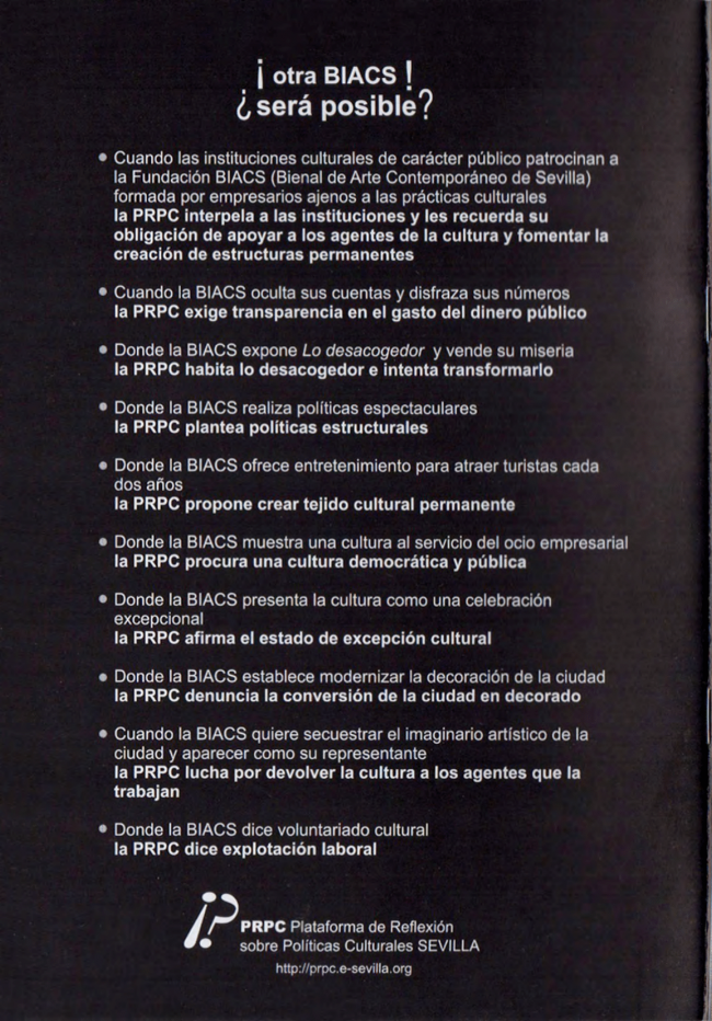 Folleto de la Plataforma de Reflexión sobre Políticas Culturales, <em>Es como EL TRABAJO, que no le puede gustar a todo el mundo</em>, Sevilla, abril, 2010