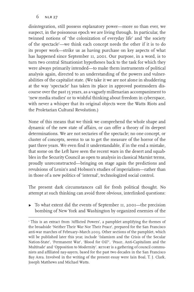 RETORT, “Afflicted Powers: The State, the Spectacle and September 11” [Poderes afligidos. El Estado, el espectáculo y el 11 de septiembre], <em>New Left Review</em>, Londres, vol. 27, mayo-junio, 2004, p. 6