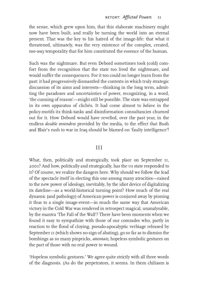 RETORT, “Afflicted Powers: The State, the Spectacle and September 11” [Poderes afligidos. El Estado, el espectáculo y el 11 de septiembre], <em>New Left Review</em>, Londres, vol. 27, mayo-junio, 2004, p. 11