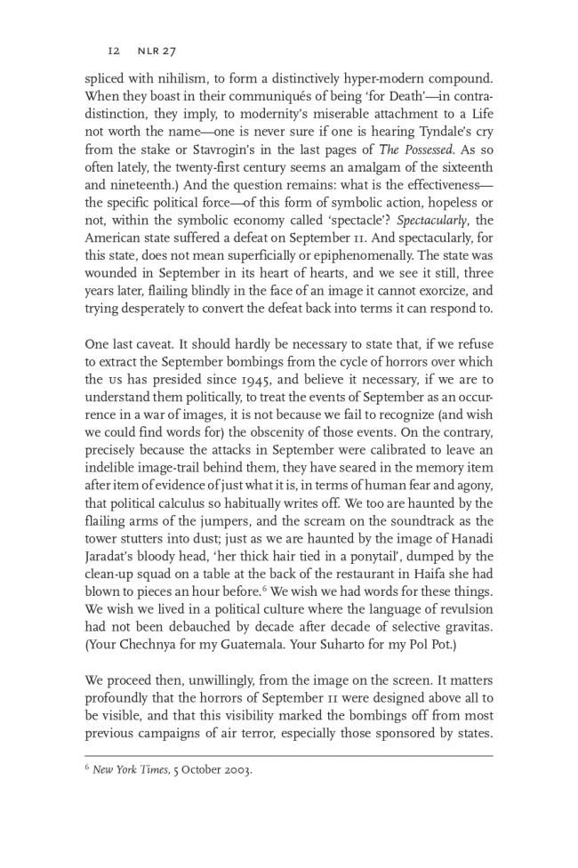 RETORT, “Afflicted Powers: The State, the Spectacle and September 11” [Poderes afligidos. El Estado, el espectáculo y el 11 de septiembre], <em>New Left Review</em>, Londres, vol. 27, mayo-junio, 2004, p. 12