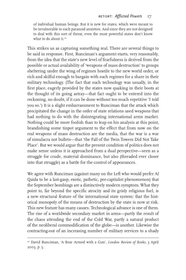RETORT, “Afflicted Powers: The State, the Spectacle and September 11” [Poderes afligidos. El Estado, el espectáculo y el 11 de septiembre], <em>New Left Review</em>, Londres, vol. 27, mayo-junio, 2004, p. 17