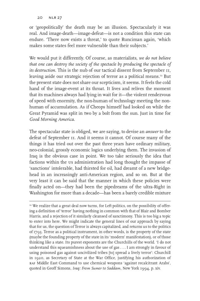 RETORT, “Afflicted Powers: The State, the Spectacle and September 11” [Poderes afligidos. El Estado, el espectáculo y el 11 de septiembre], <em>New Left Review</em>, Londres, vol. 27, mayo-junio, 2004, p. 20