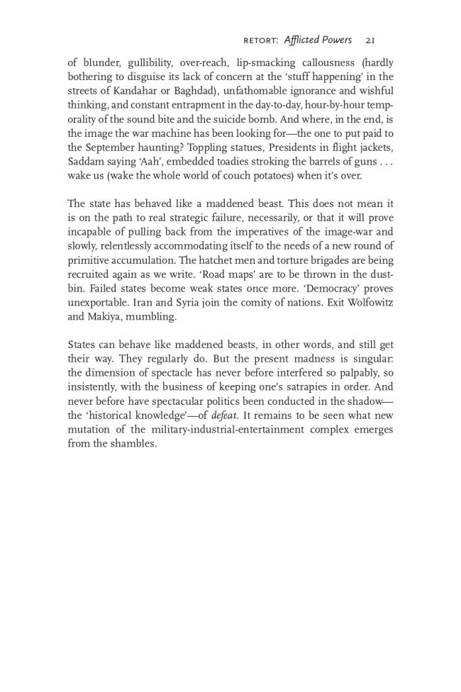 RETORT, “Afflicted Powers: The State, the Spectacle and September 11” [Poderes afligidos. El Estado, el espectáculo y el 11 de septiembre], <em>New Left Review</em>, Londres, vol. 27, mayo-junio, 2004, p. 21