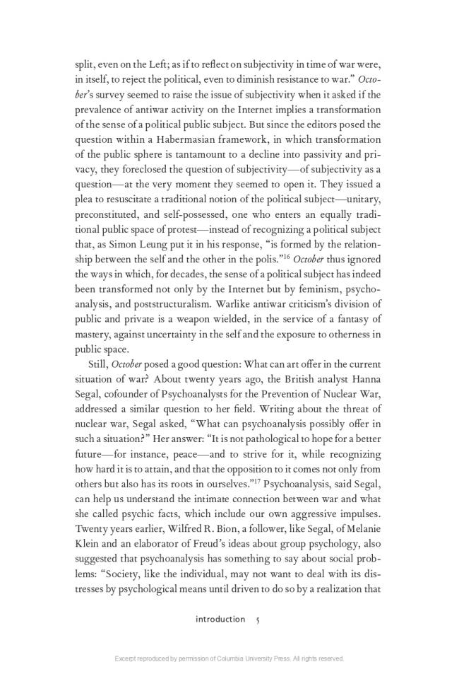 Rosalyn Deutsche, "Introduction" [Introducción], en <em>Hiroshima after Iraq: Three Studies in Art and War</em> [Hiroshima después de Irak. Tres estudios sobre el arte y la guerra], Nueva York, Columbia University Press, 2010, 5
