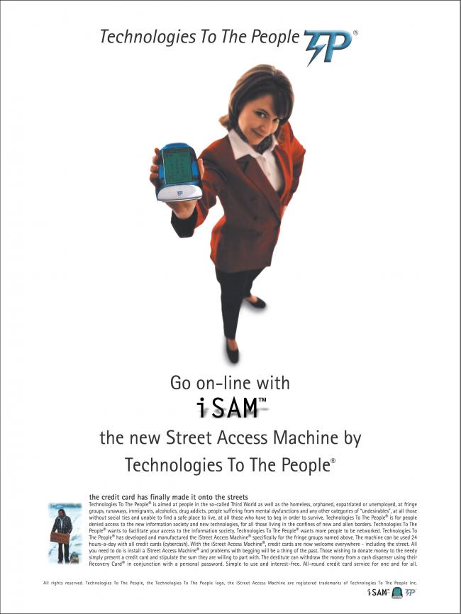 <em>Technologies To The People</em> advertisement on the Street Access Machine