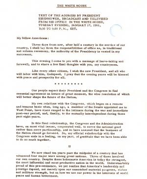 Nota de prensa con el discurso de despedida del presidente Dwight D. Eisenhower, La Casa Blanca, Washington D. C., 17 de enero, 1961