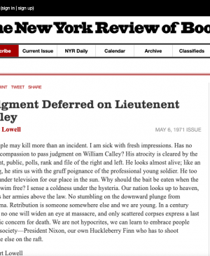 Robert Lowell, “Judgment Deferred on Lieutenant Calley”, <em>The New York Review of Books</em>, New York, May 6, 1971