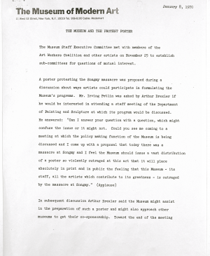 Nota de prensa <em>The Museum and the Protest Poster</em>[El Museo y el póster protesta], Nueva York, 8 de enero, 1970 